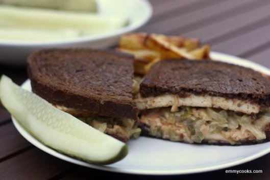 Tofu Reuben with Pickles and Fries from emmycooks.com
